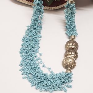 Beautiful Vintage Handmade Turquoise Seed Bead & Silvertone Disk Necklace